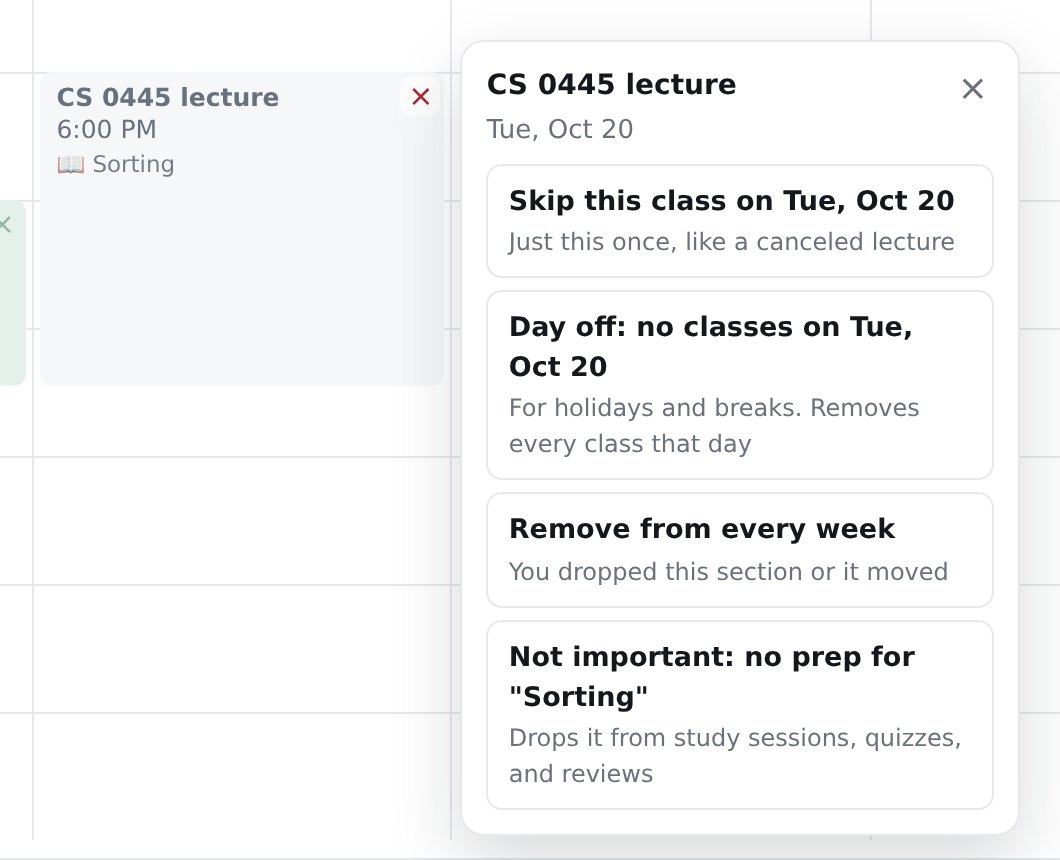The menu on a lecture block, with options to skip the class, mark a day off, remove it from every week, or mark its topic not important